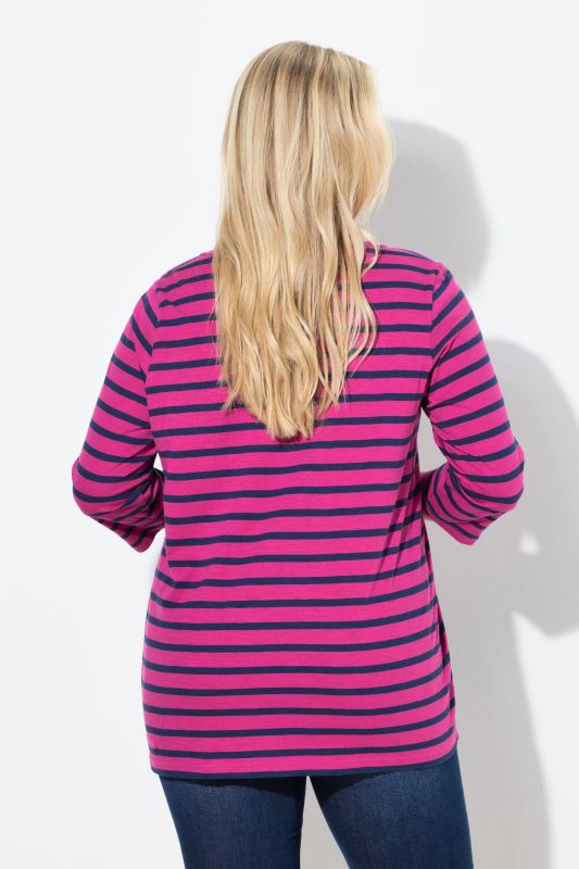 T-shirt rayé avec plis fantaisie, col rond et manches 3/4, coupe évasée