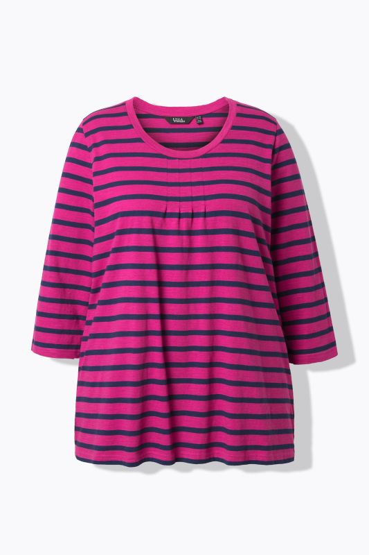 T-shirt rayé avec plis fantaisie, col rond et manches 3/4, coupe évasée