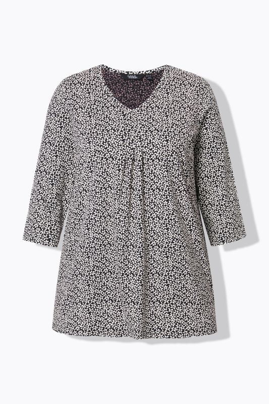 T-shirt à fleurs, col en V et manches 3/4, coupe évasée