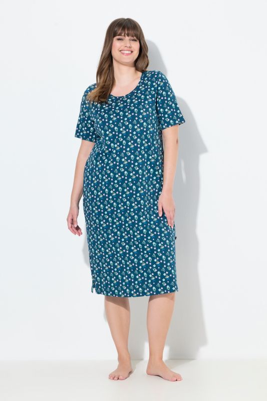 Chemise de nuit 0 fleurs, décolleté rond et manches courtes