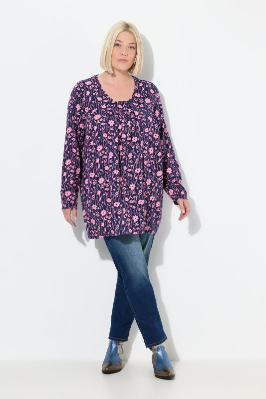 T-shirt avec plis fantaisie, décolleté carré et manches longues, coupe évasée