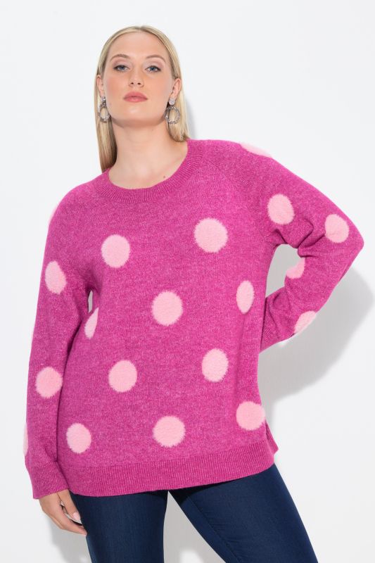 Pull motif pois, col rond et manches longues raglan