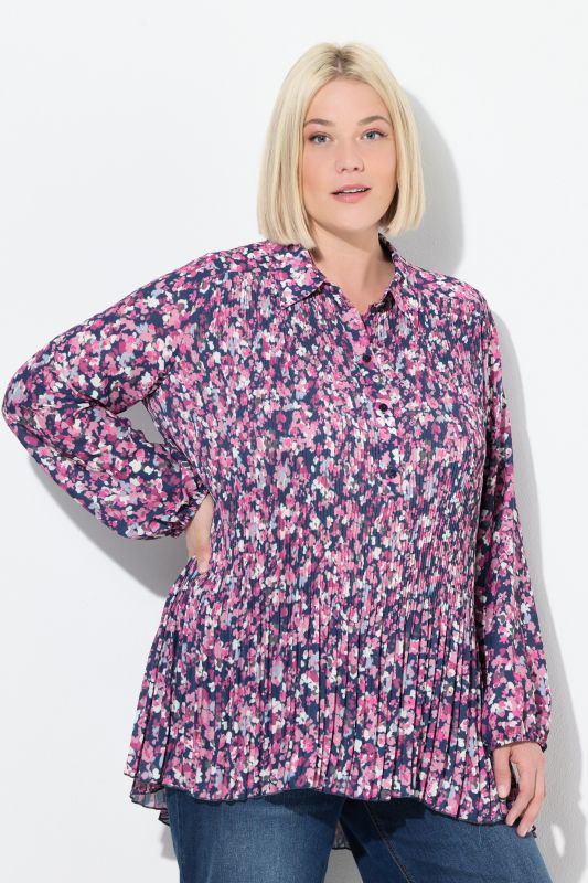 Chemisier plissé à fleurs, coupe évasée, manches longues et col chemise