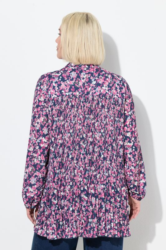 Chemisier plissé à fleurs, coupe évasée, manches longues et col chemise