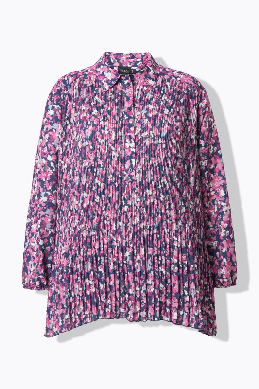 Chemisier plissé à fleurs, coupe évasée, manches longues et col chemise