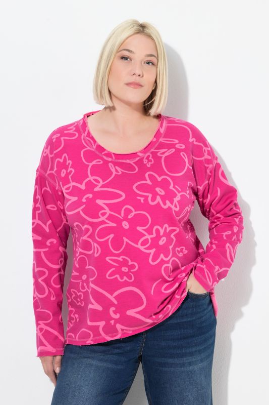 Sweat-shirt motif à fleurs et bords roulottés, manches longues, col rond