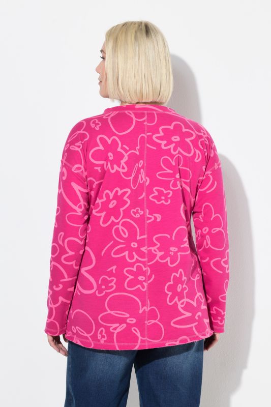 Sweat-shirt motif à fleurs et bords roulottés, manches longues, col rond