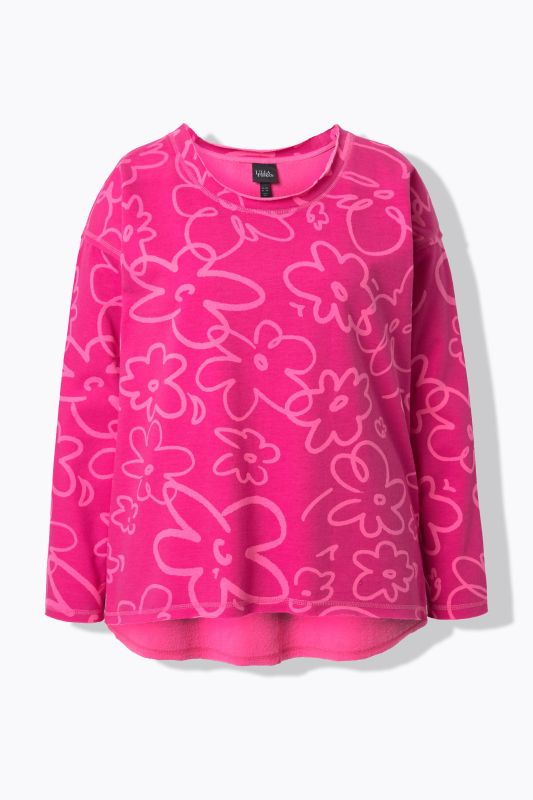 Sweat-shirt motif à fleurs et bords roulottés, manches longues, col rond