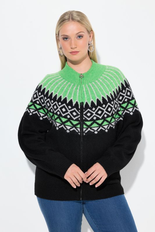 Cardigan motif norvégien, col montant et manches longues, fermeture zippée