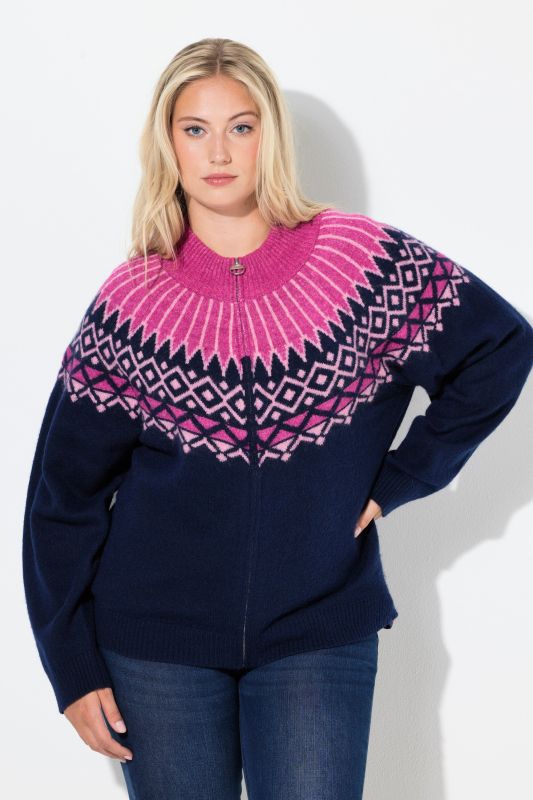 Cardigan motif norvégien, col montant et manches longues, fermeture zippée