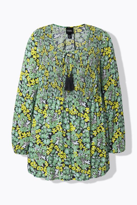 Blouse smockée avec motif à fleurs, décolleté rond et manches longues, coupe évasée