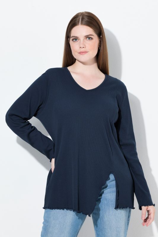 T-shirt en jersey côtelé de coton bio, décolleté en V et manches longues
