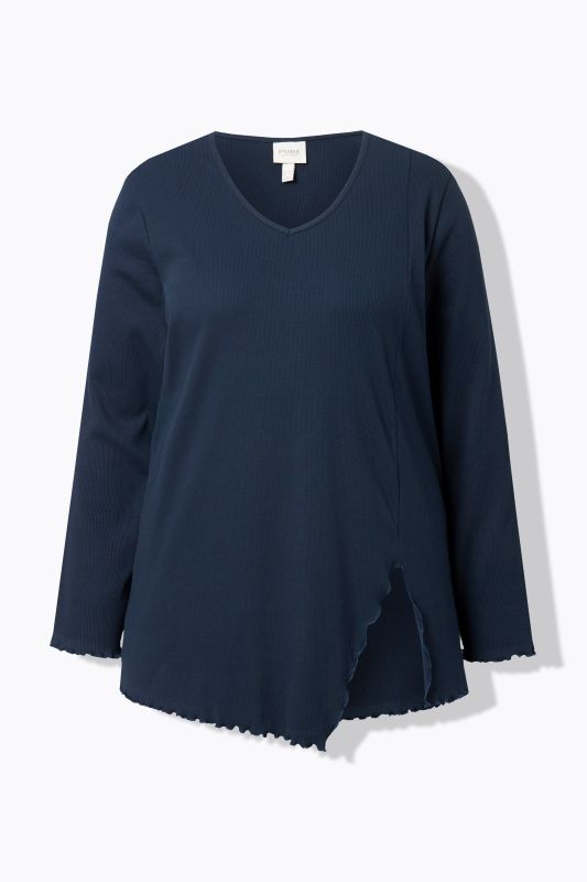 T-shirt en jersey côtelé de coton bio, décolleté en V et manches longues
