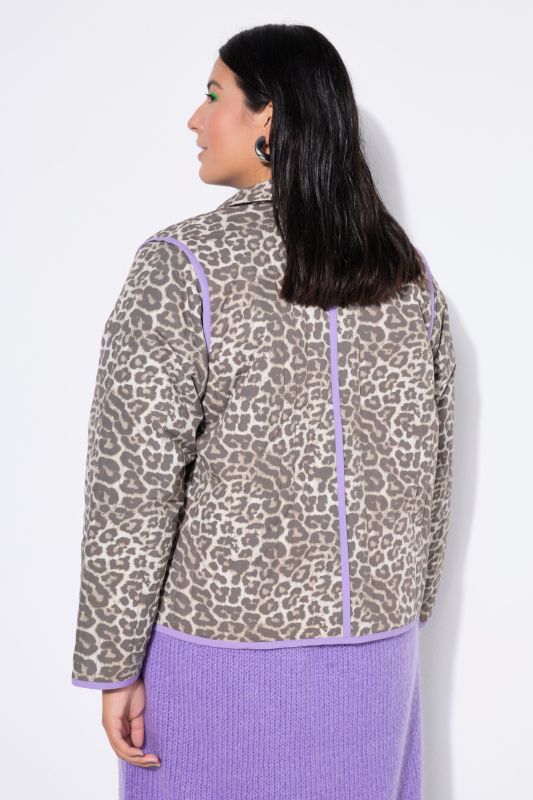 Veste matelassée oversize, col chemise, imprimé léopard et passepoil coloré