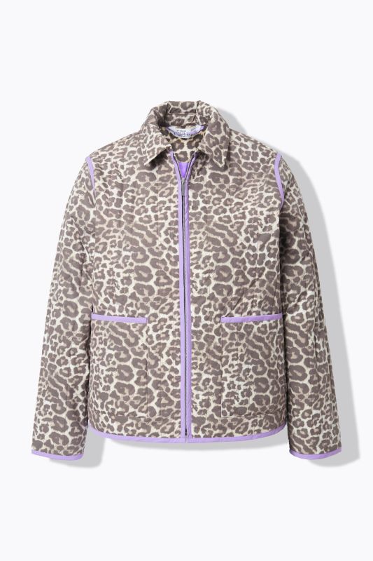 Veste matelassée oversize, col chemise, imprimé léopard et passepoil coloré