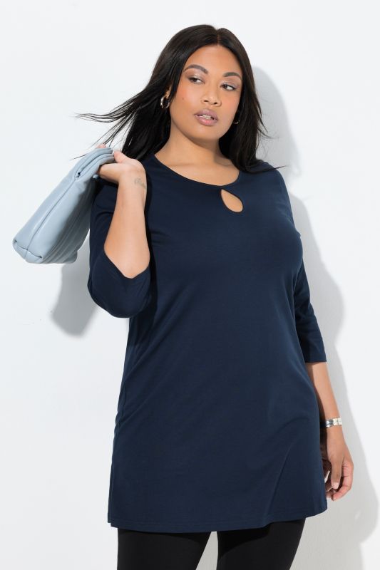 T-shirt long coupe évasée, décolleté rond et manches 3/4