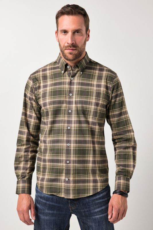 Chemise à carreaux JP 1880, manches longues et col à pointes boutonnée, coupe Modern Fit - jusqu'au 8 XL