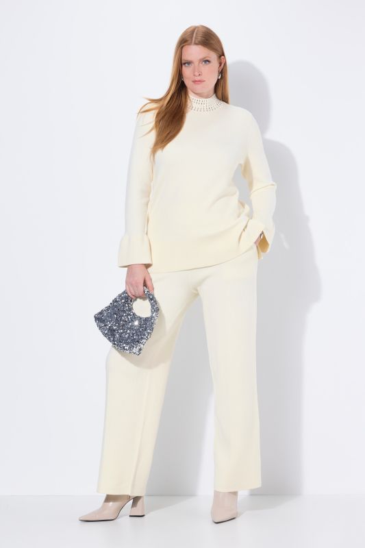 Pantalon en maille, taille élastique, jambe large avec pli marqué