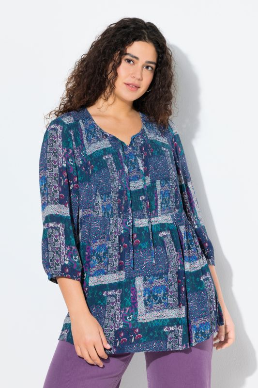 Chemise smockée évasée à col rond et manches 3/4, style patchwork