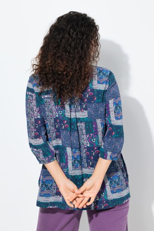 Chemise smockée évasée à col rond et manches 3/4, style patchwork