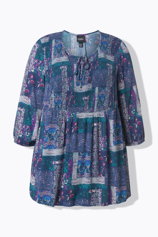 Chemise smockée évasée à col rond et manches 3/4, style patchwork