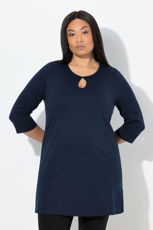 T-shirt long coupe évasée, décolleté rond et manches 3/4