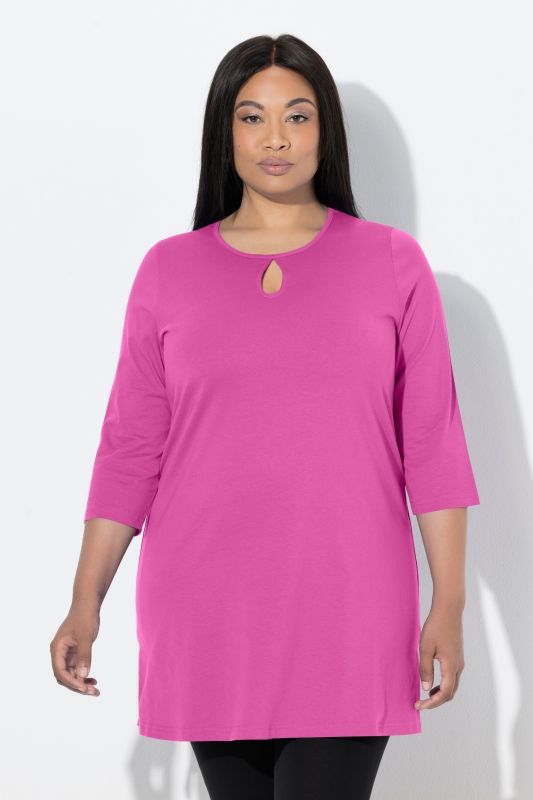 T-shirt long coupe évasée, décolleté rond et manches 3/4