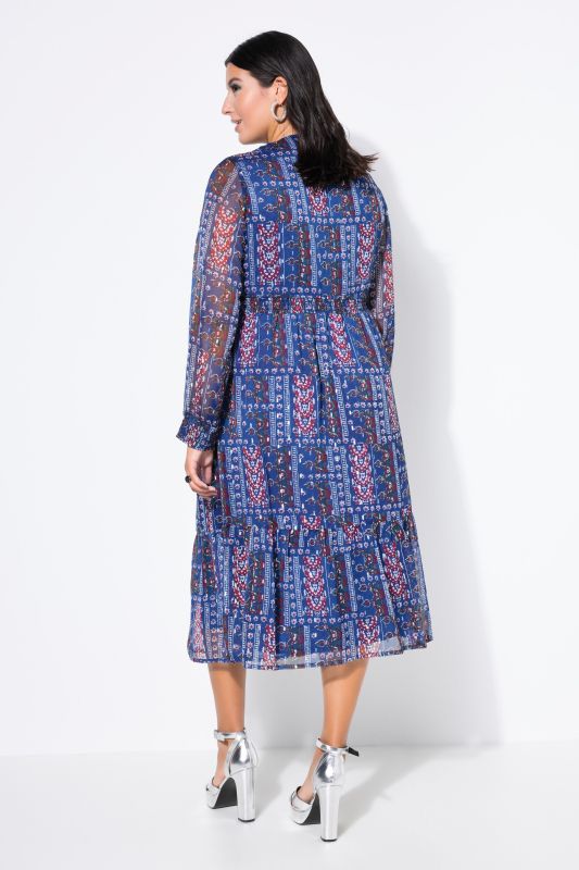 Robe midi en mousseline, volant à la base et mélange d'imprimés effet scintillant
