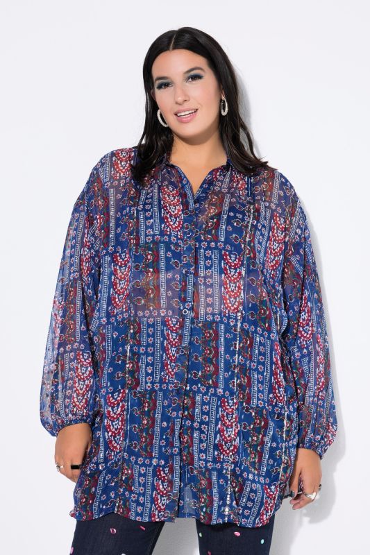 Blouse en mousseline, coupe Loose Shape, mélange d'imprimés et manches longues ballon