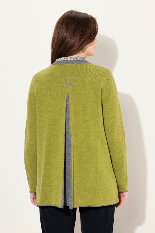 Cardigan long à col rond, broderie cerf, coupe évasée