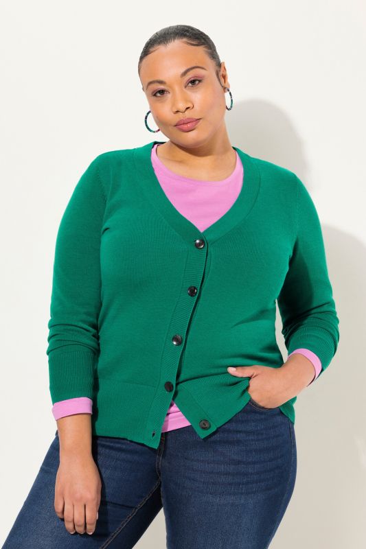 Cardigan en maille fine, encolure en V et patte de boutonnage