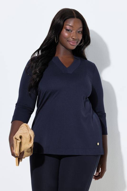 T-shirt col en V avec découpes, manches 3/4 - silhouette en A