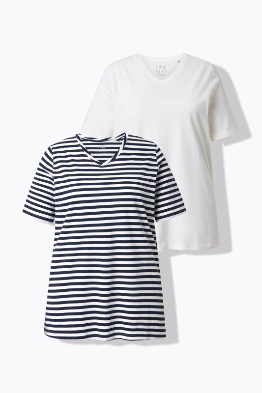 Lot de 2 T-shirts, rayures/uni, décolleté en V et manches courtes
