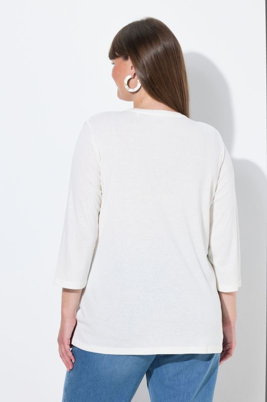 T-shirt, jersey bord-côte. Col en V et manches 3/4. Coton bio