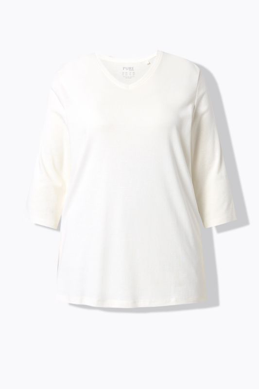 T-shirt, jersey bord-côte. Col en V et manches 3/4. Coton bio