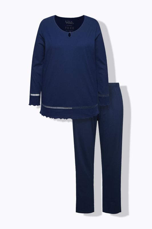 Pyjama à col rond et manches longues, ourlet creux et bord ondulé