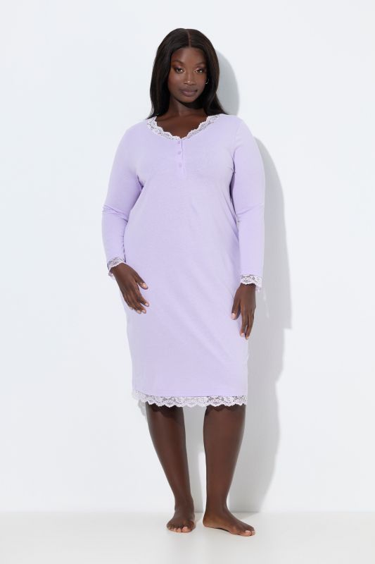 Chemise de nuit avec dentelle, décolleté en V, manches longues