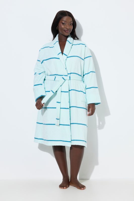 Peignoir en tissu éponge rayé, col châle et manches longues, ceinture