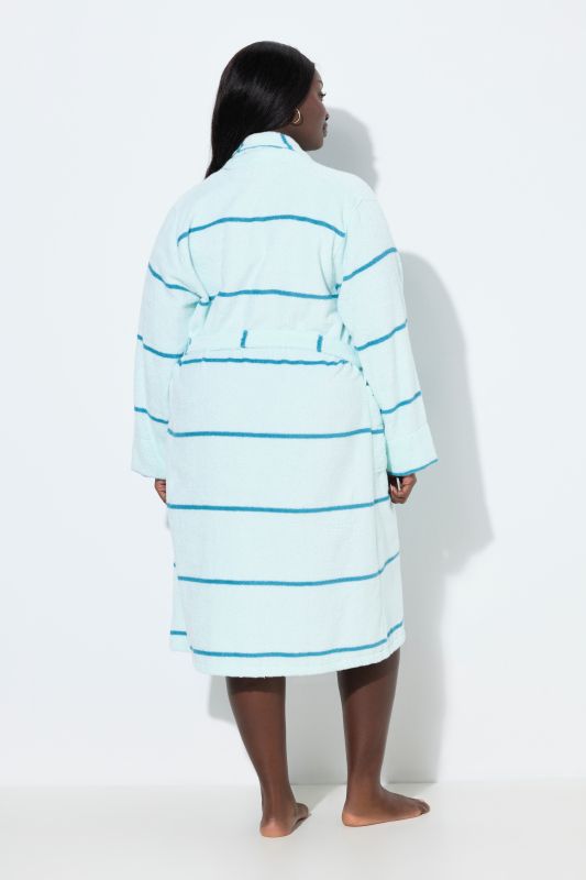 Peignoir en tissu éponge rayé, col châle et manches longues, ceinture