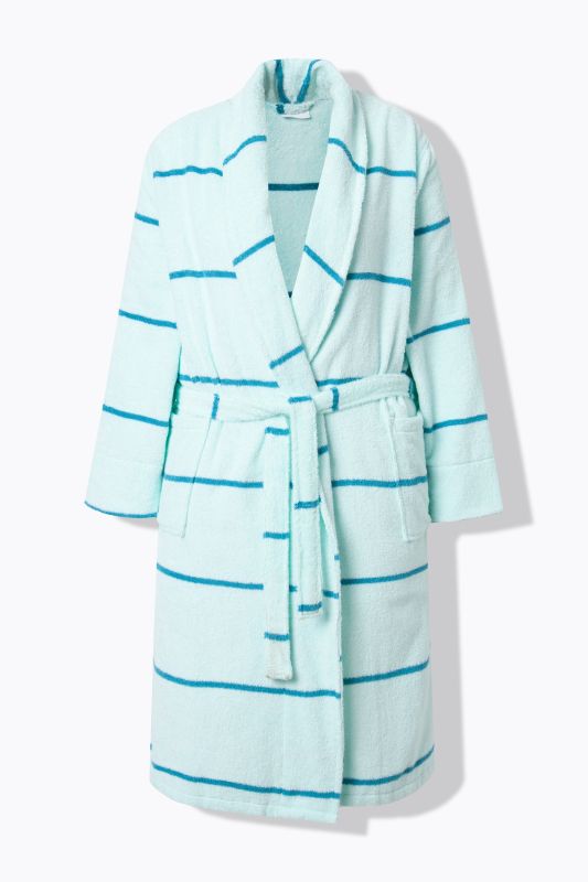 Peignoir en tissu éponge rayé, col châle et manches longues, ceinture
