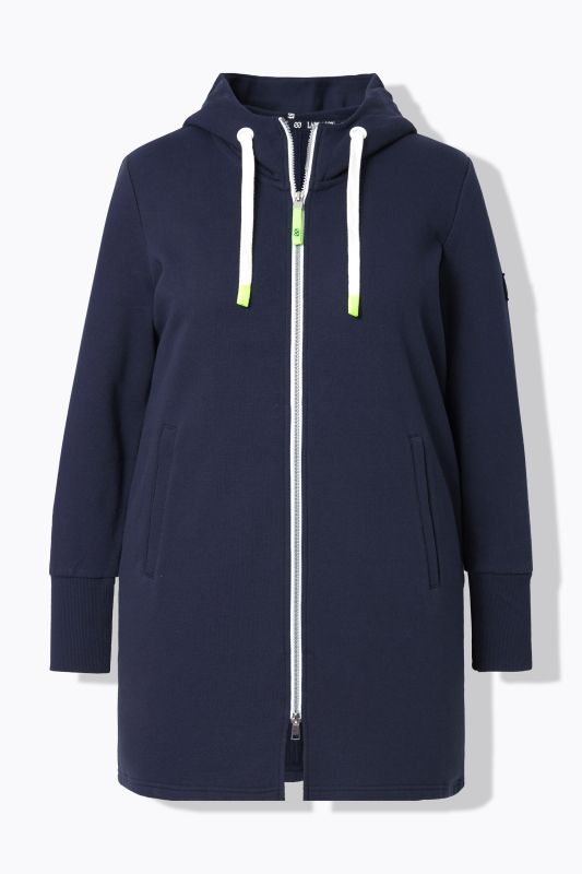 Veste à capuche en molleton. Coupe longue. Cordon de serrage dans la taille. Manches longues