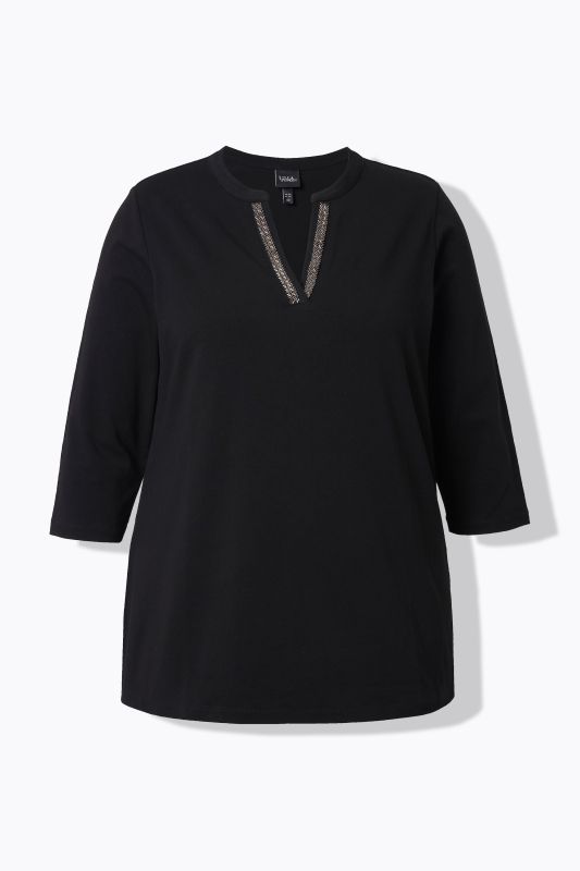 T-shirt long, col tunisien et manches 3/4, coupe évasée