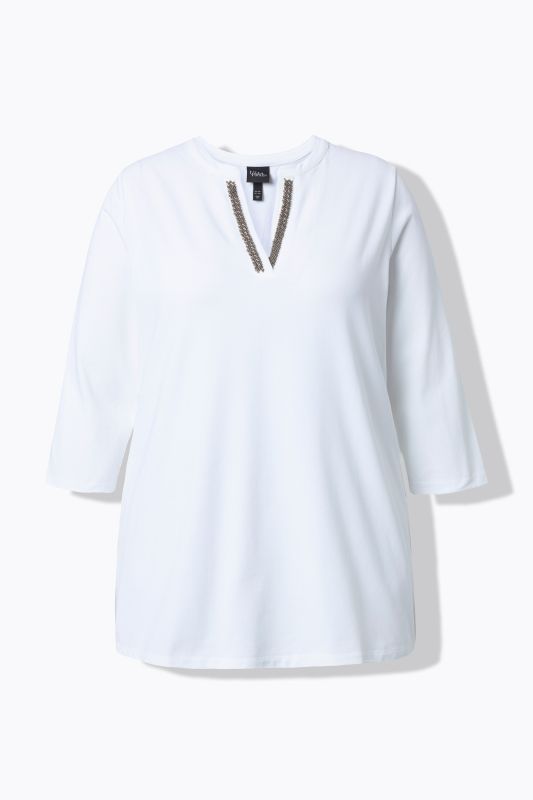 T-shirt long, col tunisien et manches 3/4, coupe évasée