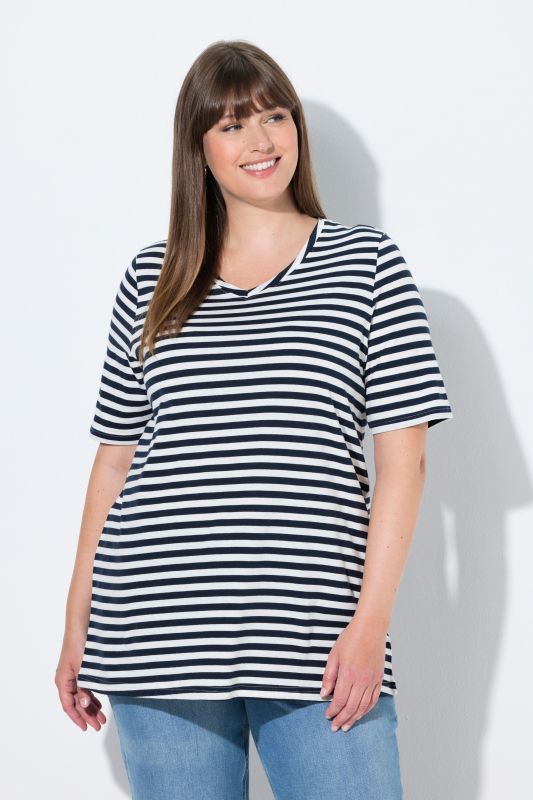 Lot de 2 T-shirts, rayures/uni, décolleté en V et manches courtes