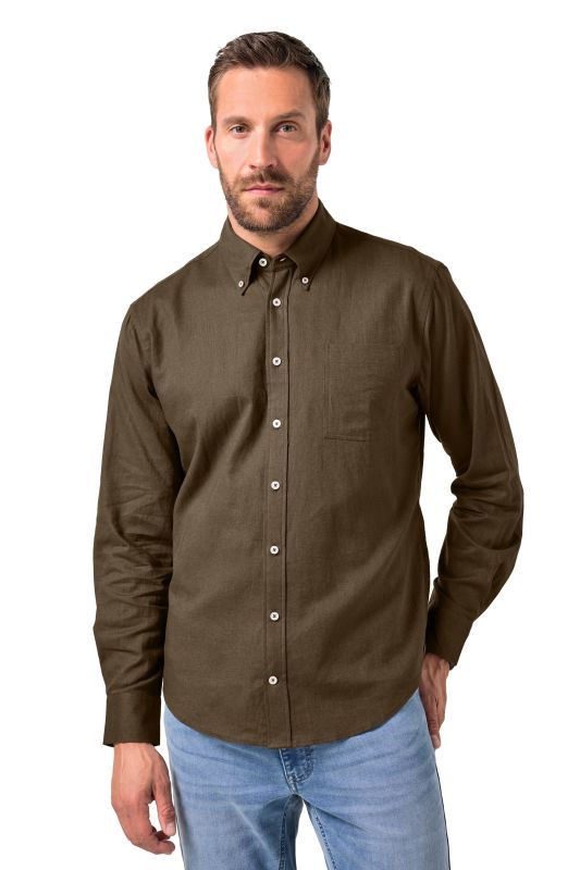 Chemise en lin mélangé. Manches longues et col à pointes boutonnées - coupe Modern Fit