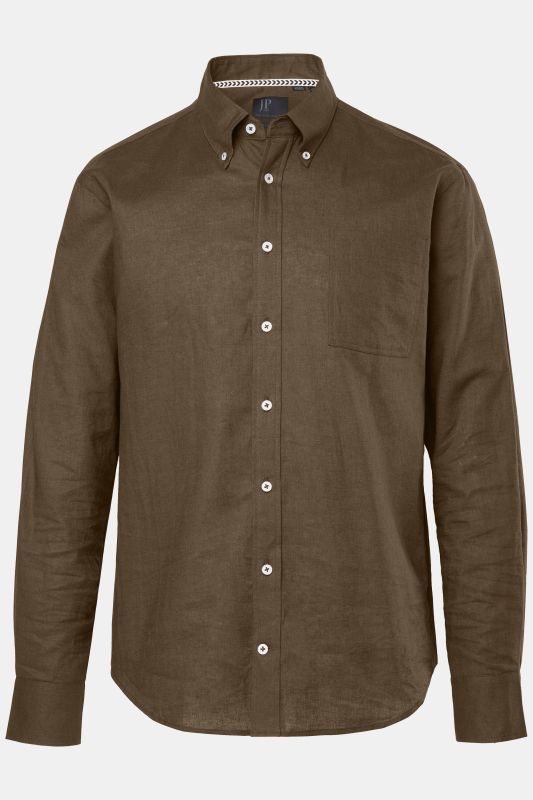 Chemise en lin mélangé. Manches longues et col à pointes boutonnées - coupe Modern Fit