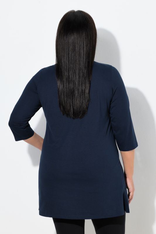 T-shirt long coupe évasée, décolleté rond et manches 3/4