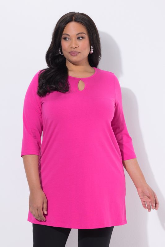 T-shirt long coupe évasée, décolleté rond et manches 3/4