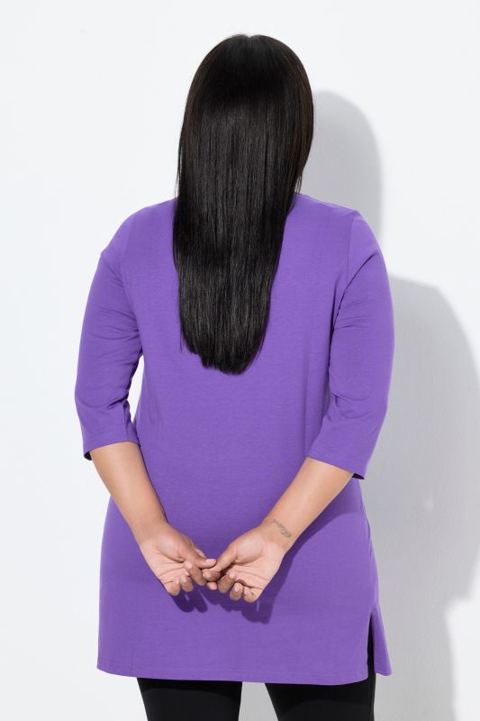 T-shirt long coupe évasée, décolleté rond et manches 3/4