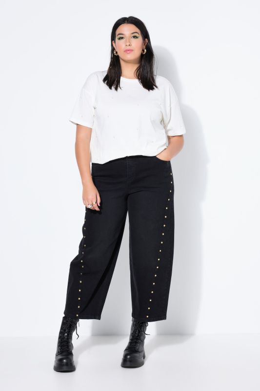 Jean Barrel avec rivets fantaisie, jambe ballon et taille haute